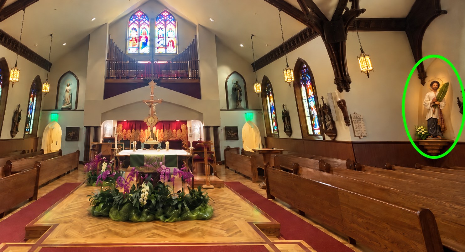 St. Patrick's Church altar, with the proposed statue location circled in green