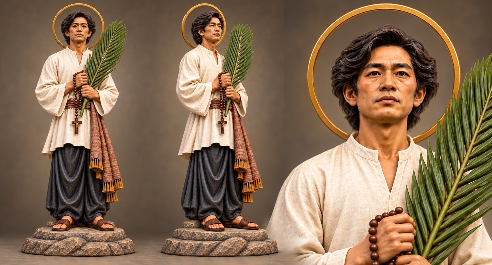 Concept artwork showing three views of a possible San Lorenzo Ruiz statue